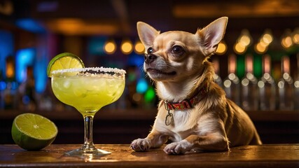 Chihuahua Enjoying a Bar Scene with a Cocktail and Limes Fun Dog Moments, chihuahua cocktail.