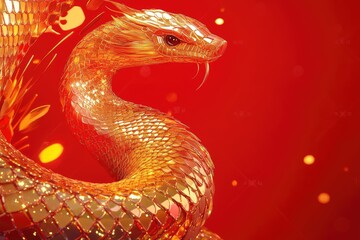 Obraz premium During Chinese New Year, a red backdrop features a golden snake wrapped in sequins. Close - up of its head and tail reveals shining golden scales, with exquisite details from C4D rendering.