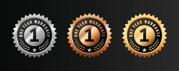 1 year warranty badge, logo, stamp design. Golden and platinum round elegant warranty template sticker.