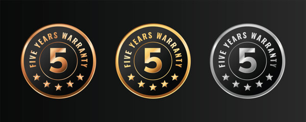 5  years warranty badge, logo, stamp design. Golden and platinum round elegant warranty template sticker.