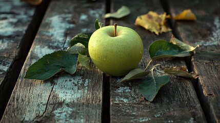A single green apple resting on a rustic wooden table, surrounded by fresh leaves.