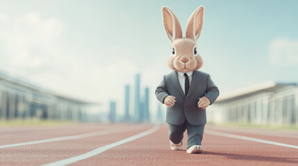 Hopping into Success: A whimsical and inspiring image of a rabbit in a business suit running on a track,  symbolizing the  aspiration to achieve success  with a playful,  unconventional approach.