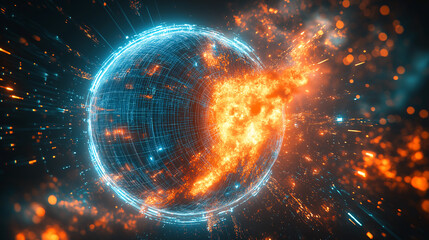 Obraz premium Digital globe engulfed in flames symbolizing global wildfires and climate change