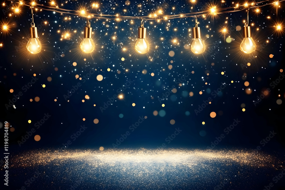 Poster glowing string lights illuminates a sparkling floor in a dark room background