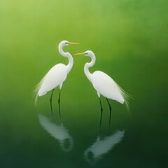 Fototapeta premium two white herons standing in shallow water with reflections