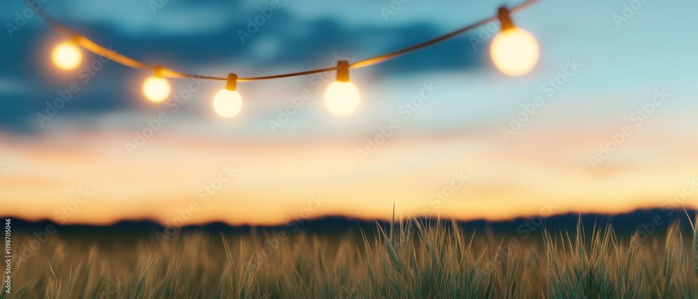 Poster glowing string lights over a field of wheat at sunset