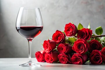 Romantic Valentine's Day Still Life: Red Wine Glass & Roses
