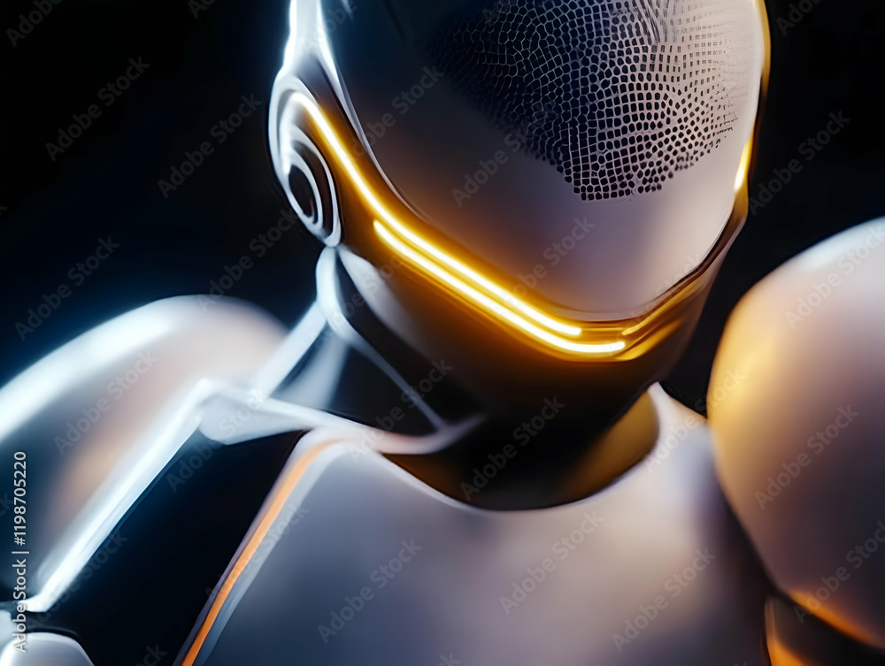 Poster 3d rendered futuristic robot with glowing visor exudes advanced technology in a dark setting.