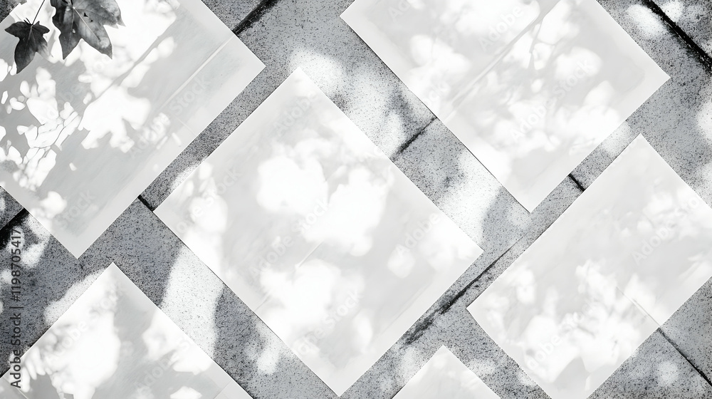 Poster White Square Papers on Textured Surface with Leaf Shadows Background Creates a Serene Minimalist Scene