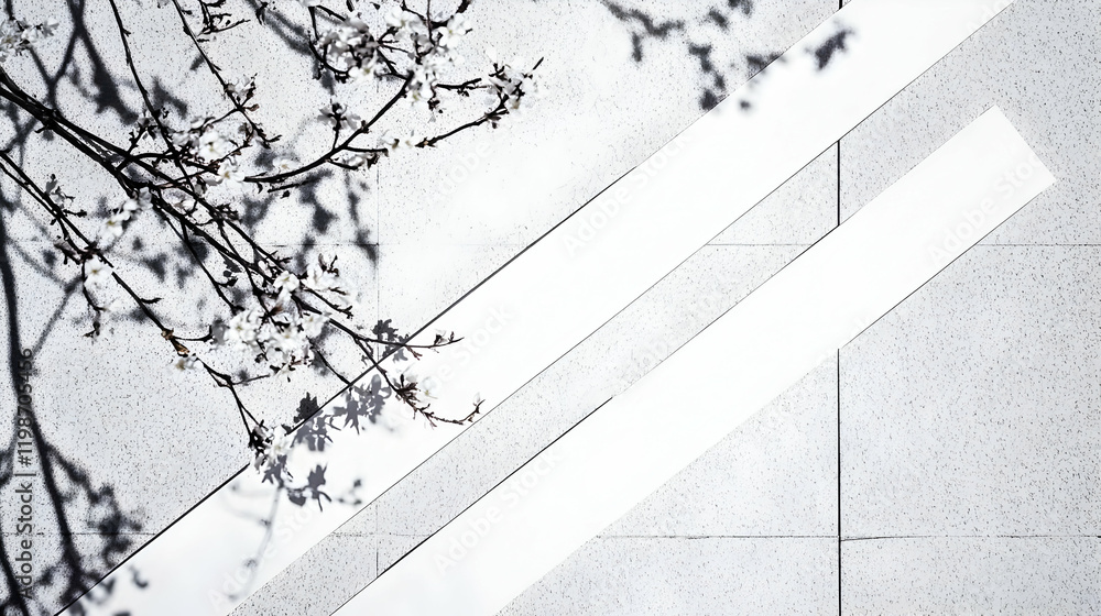 Poster flowering tree branch casts shadow on white and grey textured background for elegant design