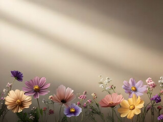 Obraz premium Colorful Cosmos Flowers Bloom Beautifully Under Soft Sunlight on a Gentle Background
