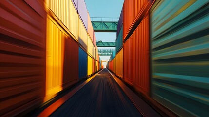 Obraz premium Colorful Shipping Containers Corridor At Sunset