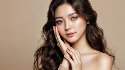 Naklejka premium A woman with beautiful long dark hair and fair skin is holding her face with both hands, looking at the camera with a soft and gentle expression