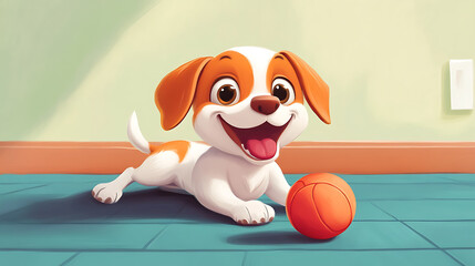 A cheerful cartoon dog playing with a ball on the house floor, cute and playful style, vibrant colors, joyful atmosphere, simple background, cartoon art style, wholesome scene