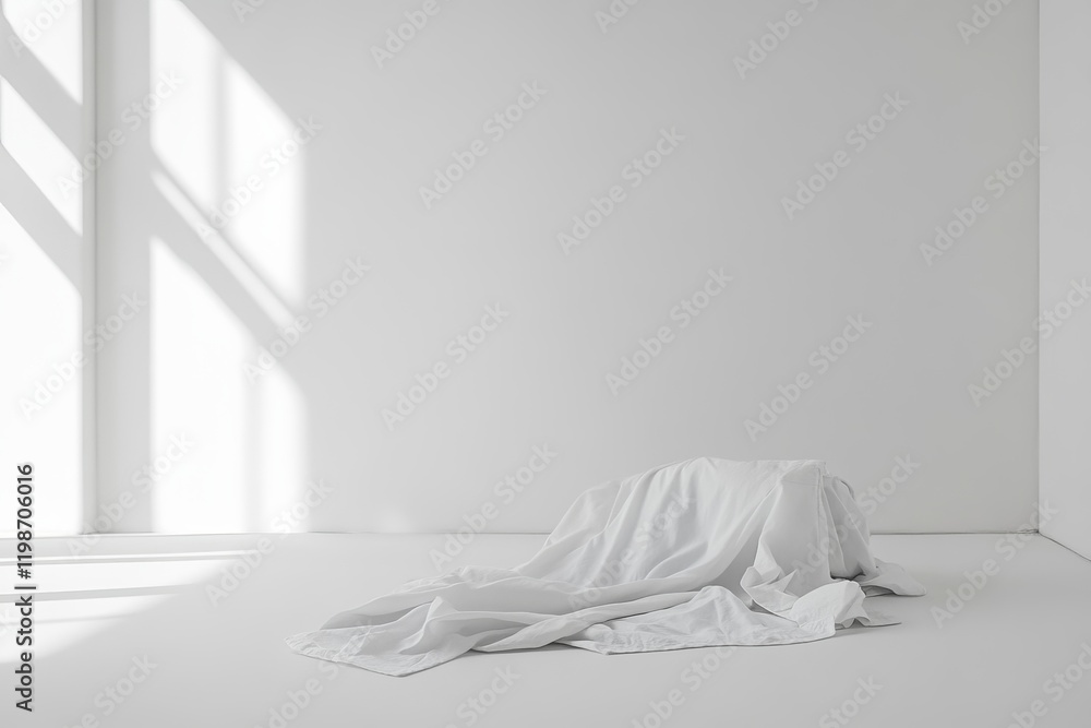 Poster a serene minimalist room with soft natural light casting shadows on draped white fabric, creating a 