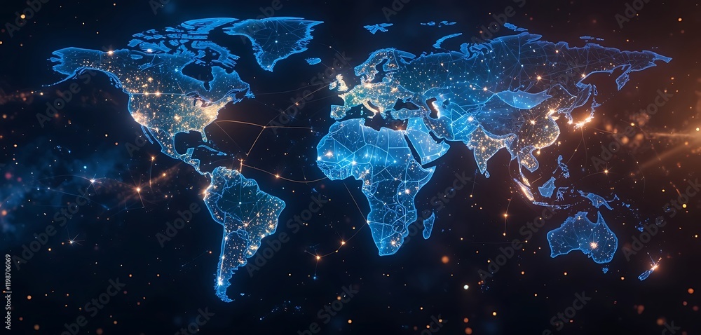 Poster global network illuminated world map showing interconnections