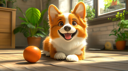 A cheerful cartoon dog playing with a ball on the house floor, cute and playful style, vibrant colors, joyful atmosphere, simple background, cartoon art style, wholesome scene