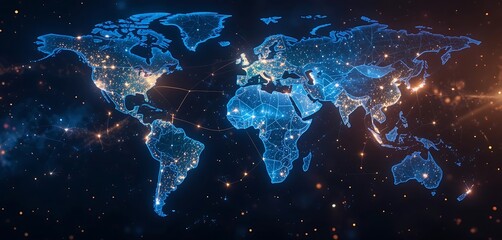 Obraz premium Global Network Illuminated World Map Showing Interconnections