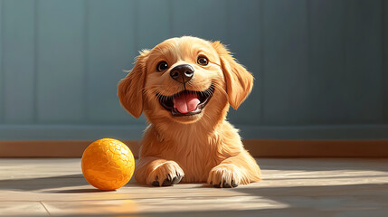 A cheerful cartoon dog playing with a ball on the house floor, cute and playful style, vibrant colors, joyful atmosphere, simple background, cartoon art style, wholesome scene