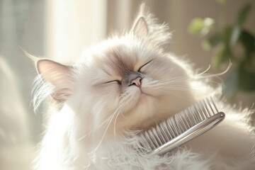 Soft serene image of Persian cat being groomed