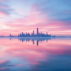 Fototapeta premium stunning pink and blue sunrise over a city skyline with reflection in calm water