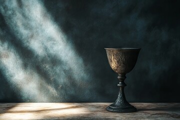 A silver cup sits on a table in front of a wall. The cup is empty and the table is empty