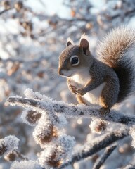 Obraz premium Winter Squirrel Frozen Branch Sunrise Wildlife Poster