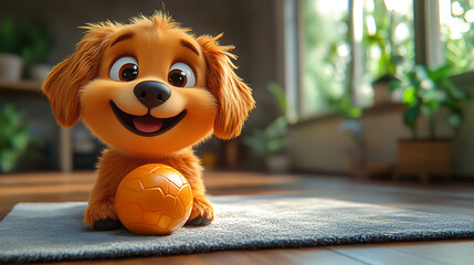 A cheerful cartoon dog playing with a ball on the house floor, cute and playful style, vibrant colors, joyful atmosphere, simple background, cartoon art style, wholesome scene