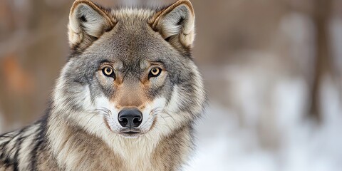 Fototapeta premium Head and shoulders portrait of a timber wolf, showcasing the striking features of the grey wolf. The shallow depth of field highlights the timber wolf s captivating gaze and fur details.