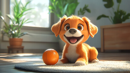 A cheerful cartoon dog playing with a ball on the house floor, cute and playful style, vibrant colors, joyful atmosphere, simple background, cartoon art style, wholesome scene