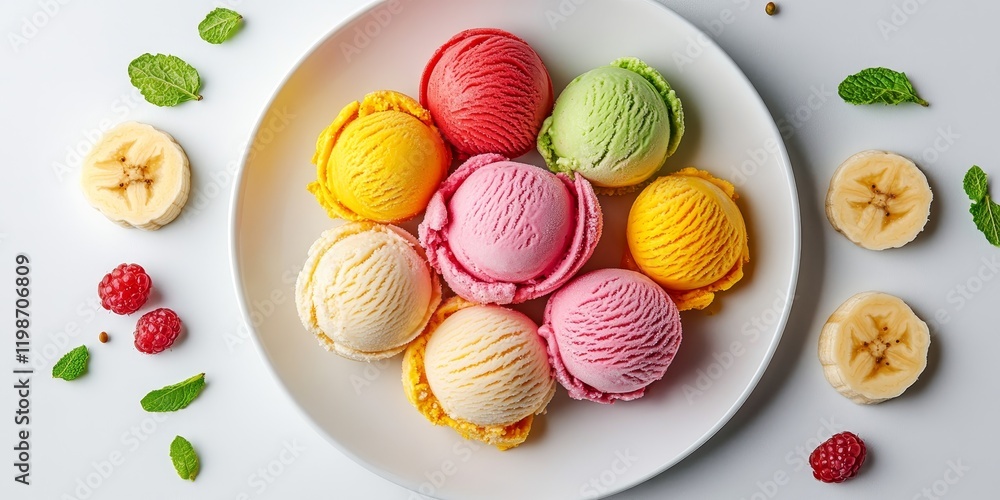 Poster delight in this top view of a plate showcasing colorful ice cream scoops and banana slices, beautifu