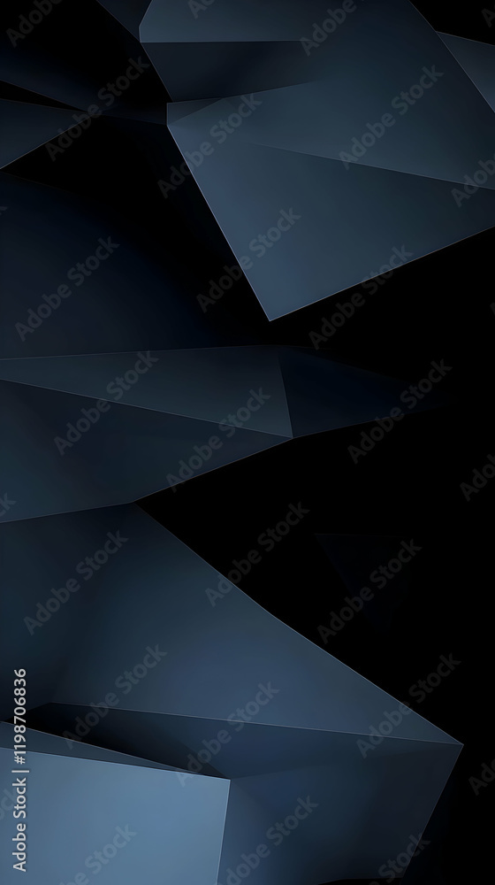 Poster abstract 3d geometric shapes form a dynamic composition with a dark blue color palette.