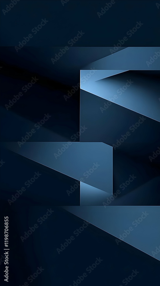 Poster abstract 3d geometric shapes form a dynamic composition with subtle lighting and deep blue hues.