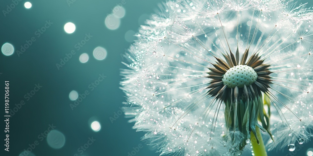 Poster Dandelion seeds adorned with raindrops create a captivating scene. The delicate dandelion and its shimmering raindrops capture the beauty of nature s design and the essence of tranquility.