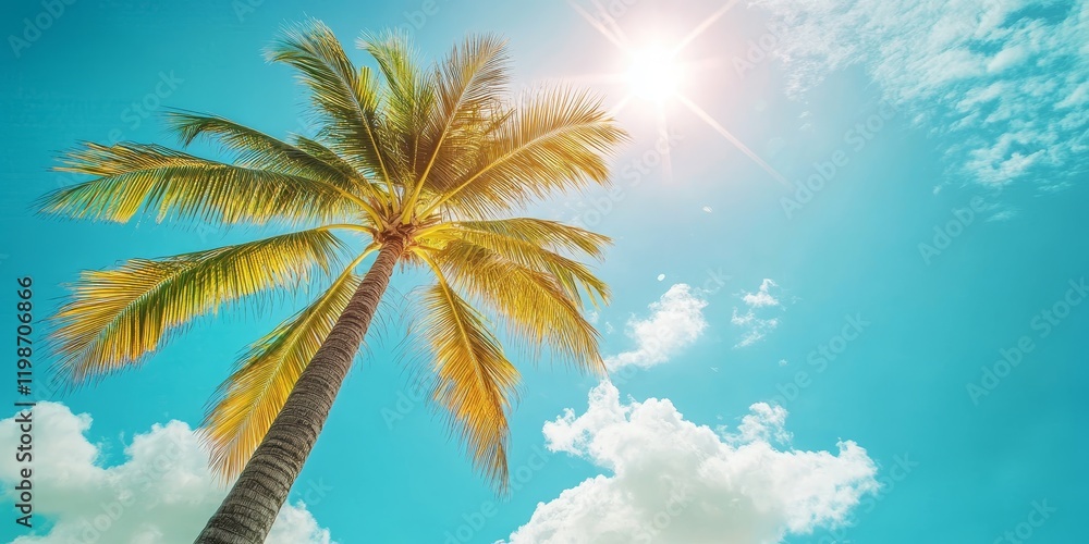 Poster exotic palm tree basking in gentle sunlight, creating a striking contrast against a bright summer bl