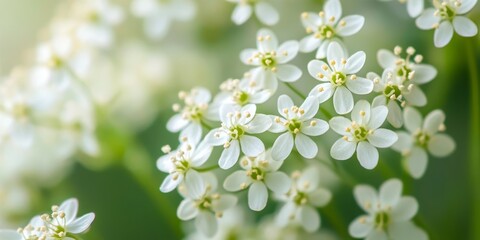 Close up of small white flowers showcasing the delicate details of a flowering plant, emphasizing the beauty and elegance of small white flowers in nature. Perfect for botanical themes.