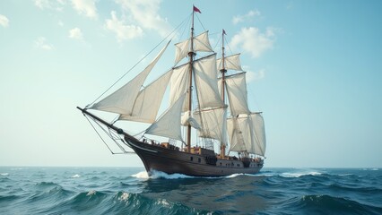 A majestic three-masted sailing ship glides through azure waves; its dark brown hull contrasts with billowing white sails, dancing gracefully under an expansive sky