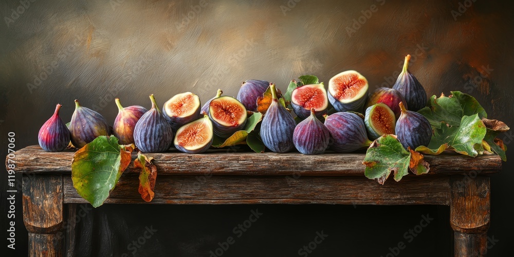 Aufkleber fresh figs arranged beautifully on a rustic wooden table create a vibrant display of fresh figs, inv