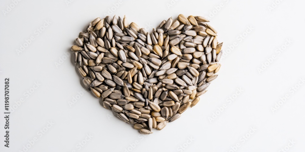 Poster heart of sunflower seeds displayed on a white background, showcasing the unique shapes and textures 