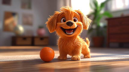 A cheerful cartoon dog playing with a ball on the house floor, cute and playful style, vibrant colors, joyful atmosphere, simple background, cartoon art style, wholesome scene