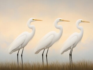 Obraz premium three white herons standing in a field of grass at sunset
