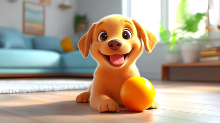 A cheerful cartoon dog playing with a ball on the house floor, cute and playful style, vibrant colors, joyful atmosphere, simple background, cartoon art style, wholesome scene