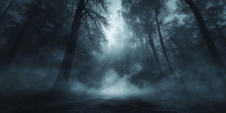 A view from a low angle captures a fog machine surrounded by an eerie forest, creating an ideal backdrop for a horror themed scene. The spooky forest adds to the atmosphere.