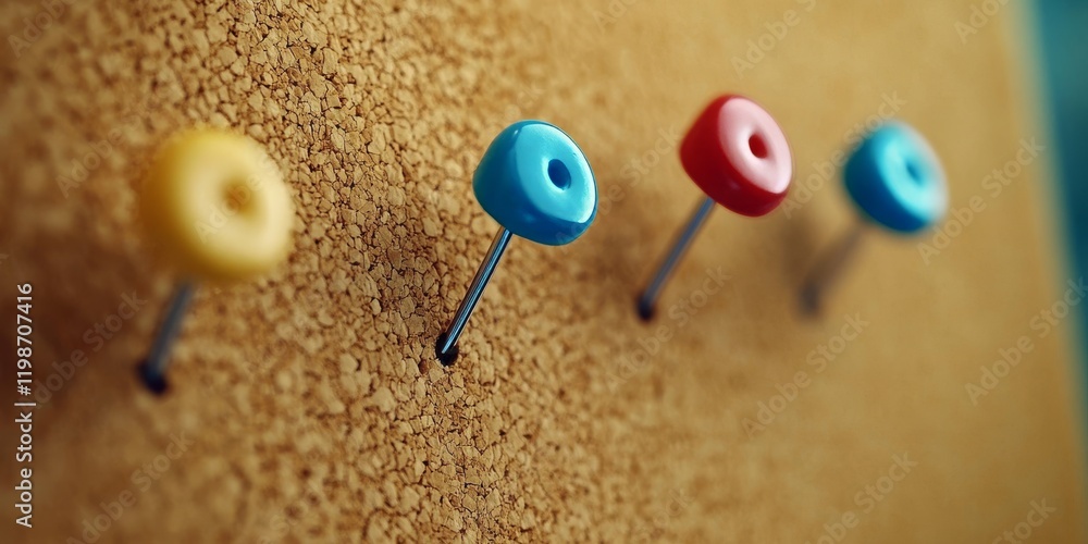 Poster a vibrant color shot showcasing a framed brown cork board adorned with tacks, perfect for displaying