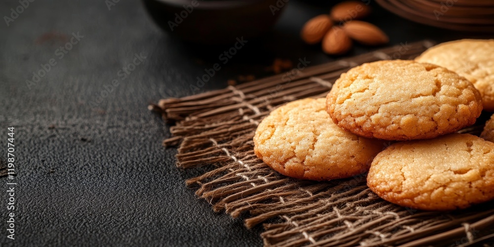 Poster a close up view of traditional japanese almond cookies is presented, featuring ample space for addit