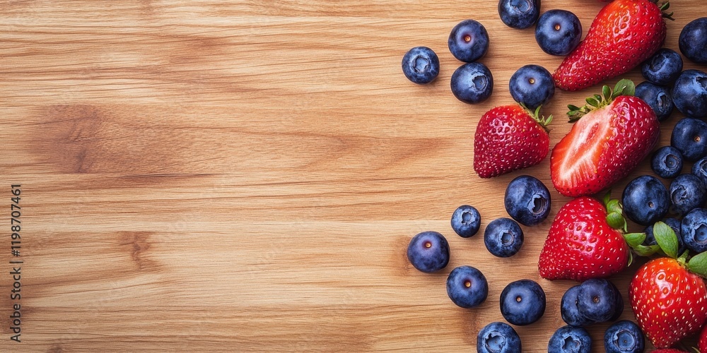 Poster berries, including strawberries and blueberries, create a vibrant display of berry fruit on a wooden