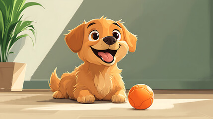 A cheerful cartoon dog playing with a ball on the house floor, cute and playful style, vibrant colors, joyful atmosphere, simple background, cartoon art style, wholesome scene