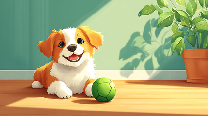 A cheerful cartoon dog playing with a ball on the house floor, cute and playful style, vibrant colors, joyful atmosphere, simple background, cartoon art style, wholesome scene