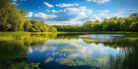 Serene summer lake nestled within a vibrant green landscape, showcasing the beauty of summer lake scenery and the tranquility of nature in a stunning outdoor setting.
