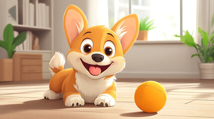 A cheerful cartoon dog playing with a ball on the house floor, cute and playful style, vibrant colors, joyful atmosphere, simple background, cartoon art style, wholesome scene